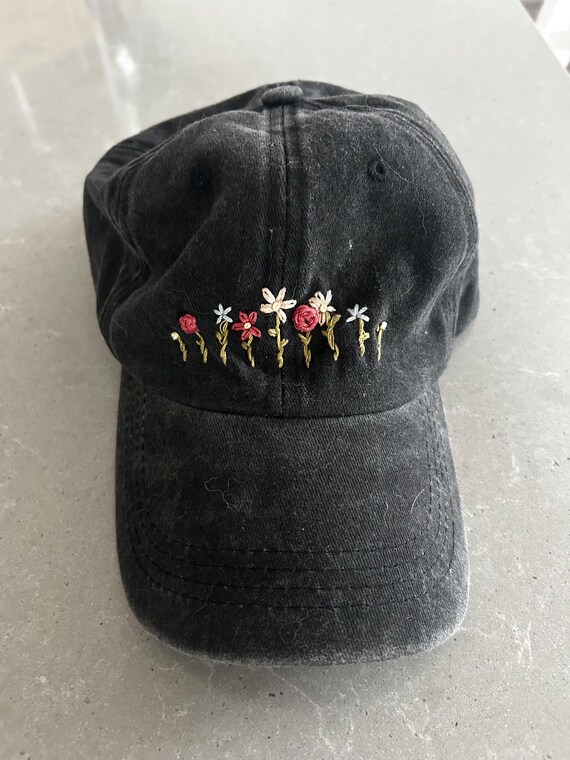 HAND EMBROIDERED BLACK HAT Sunflowers on a Faded Black Cap, Orange and Yellow  main image 2
