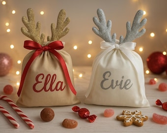 Personalised Christmas Gift Bag – Reindeer Antlers Santa Sack, Kids Xmas Present Bag, Reusable Holiday Keepsake, Stocking Filler Sack