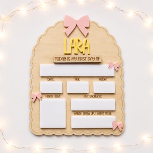 May include: A scalloped wooden sign featuring a pink bow at the top and the name LARA in yellow letters. It includes the text TODAY IS MY FIRST DAY OF, DATE, AGE, HEIGHT, THINGS I LOVE, MY TEACHER IS, and WHEN I GROW UP, I WANT TO BE.