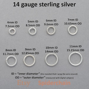 May include: A selection of 14 gauge sterling silver jump rings, ranging from 4mm to 11mm inner diameter. Each ring is displayed with its inner and outer diameter measurements in millimeters. The image includes text describing the measurements.