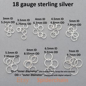 May include: A collection of 18 gauge sterling silver jump rings, with inner and outer diameter measurements. Sizes range from 3mm ID/5.2mm OD to 7mm ID/9.7mm OD. The image includes text that reads "Etsy Spiderchain".
