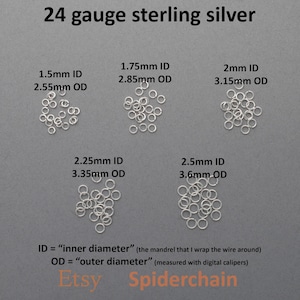 May include: Close-up of various sizes of 24 gauge sterling silver jump rings. The image shows rings with inner diameters ranging from 1.5mm to 2.5mm, and outer diameters from 2.55mm to 3.6mm. Text includes "ID = inner diameter" and "OD = outer diameter". The Etsy shop name "Spiderchain" is also visible.