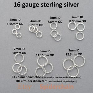 May include: Image of 16 gauge sterling silver jump rings in various sizes. The image shows rings with inner diameters (ID) ranging from 3mm to 9mm, and outer diameters (OD) from 5.65mm to 12.3mm. Text on the image defines ID and OD.