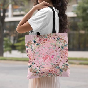 花柄トートバッグ | 自然愛好家へのギフト | ピンクの花輪 | 美しいトートバッグ | グラフィック キャリーオール | かわいいショルダーバッグ