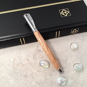 Handturned Oak Wood Rollerball Pen – Unique Gift, Luxury Handmade Writing Pen, Chrome Trim