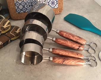 Elegant Set of Stainless Steel Measuring Cups with Maple Burl Handles