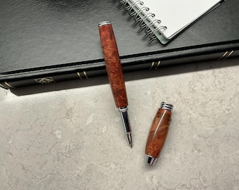 Handcrafted Red Mallee Burl Wood Pen - Exotic Wood Rollerball with Chrome Trim