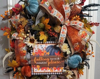 Rustic Autumn: A Luxurious Harvest Wreath with Velvet Pumpkins
