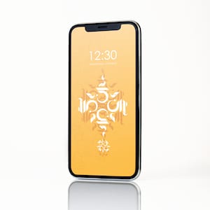 May include: A smartphone with a yellow and white patterned wallpaper. The time is 12:30 and the date is Wednesday, 14 March.