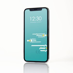 Puede incluir: Un teléfono inteligente con un fondo azul verdoso y un patrón geométrico blanco y amarillo. La hora es 12:30 y la fecha es miércoles 16 de marzo.