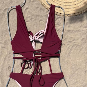 Burgundy/ Red Adjustable Plunge Swimsuit with Brazilian/Cheeky back