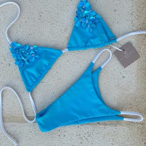 Bright Blue Sequin Embellished Bikini Set with Brazilian/Cheeky Bottoms