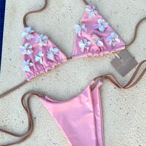 Pink Sequin Embellished Flowers Bikini Set with Brazilian/Cheeky Bottoms