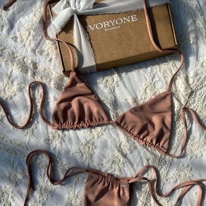 Triangle String Bikini Set in Brown/Tan/Neutral with Brazilian/Cheeky bottoms