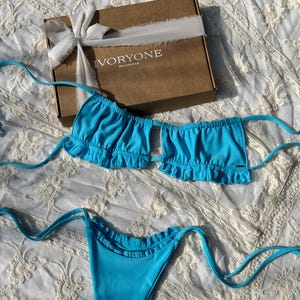 Frilly Bandeau Seamless Bikini Set in Blue with Brazilian/Cheeky bottoms