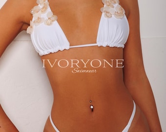 White and Gold Shell Sequin Embellished Bikini Set with Brazilian/Cheeky Bottoms