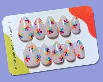 18pc Hand Painted Rainbow Daisy Press On Nails – Reusable Manicure Set