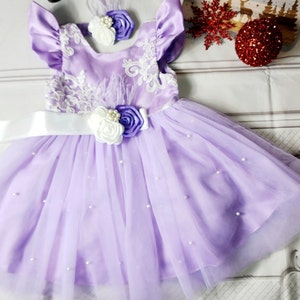 Princess Party Flower Girl Dress, Light Purple Toddlers Girl Dress, Baby Girl Christmas Dress with Headband.