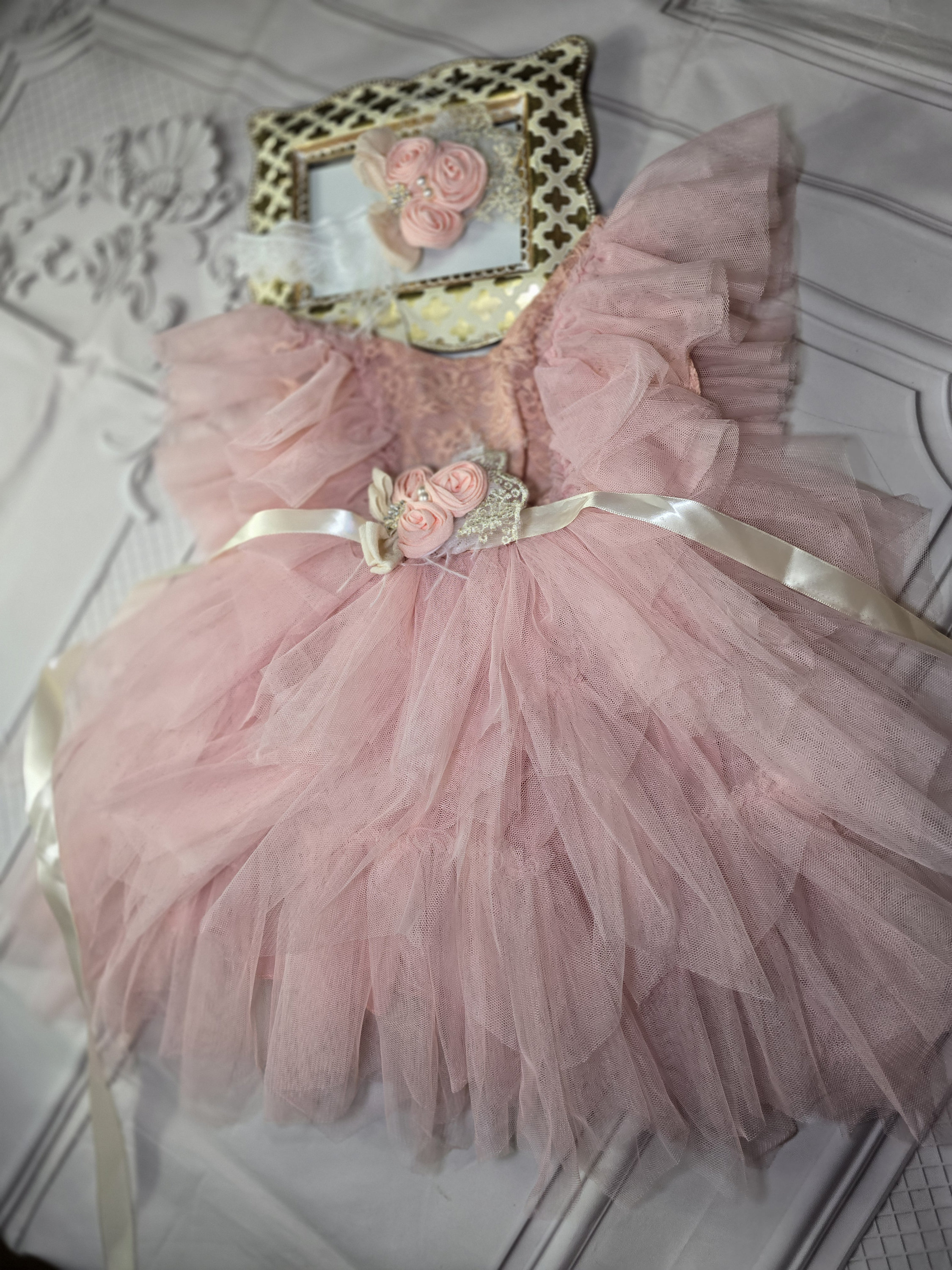peach baby girl dress, flower girl dress, special occasion baby girl gown, birthday gift set with Headband and sash