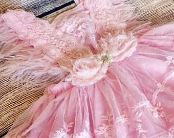 Baby Girl Feather  Pink Romper, Baby Girl Outfit with Headband, Lace Baby Romper With Headband