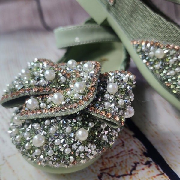 Girl Shoes Green Glitter, Party Toddler Girl Shoes, Flower girl shoes, Girl Pears Rhinestones, Princes Shoes Baby Girl shoes.