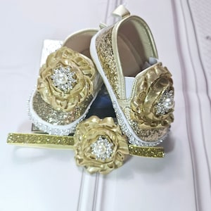 NEWBOR first toddler Crib Baby Girl shoes, Gold First Walker Moccasin with headband