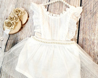 BABY Girl Ruffle Romper with white pears, Baby Girl First Birthday white Outfit with Headband. baby girl gift set.