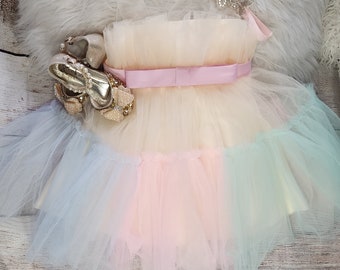 Pink Pastel Rainbow Tulle Dress, Toddler Girl Dress, Birthday Dess for the Princess with headband.