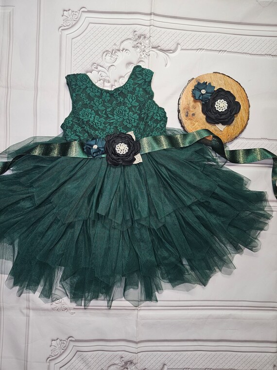 Emeral green Summer Dress,Flower Girl wedding Outfit with headband Emeral green Summer Dress,Flower Girl wedding Outfit with headband
