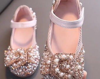 Pink and Gold  Rhinestones Toddler Girls Shoes,  Wedding Toddler Girl Shoes, Girls Pears with Rhinestones Shoes.