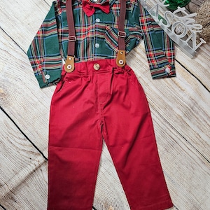 Baby Boy Christmas Outfit: Plaid Shirt, Suspenders, Tuxedo Pants