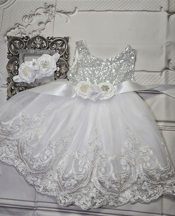 Christening White and silver toddler girl dress, Summer Birthday Outfit with headband Christening White and silver toddler girl dress, Summer Birthday Outfit with headband