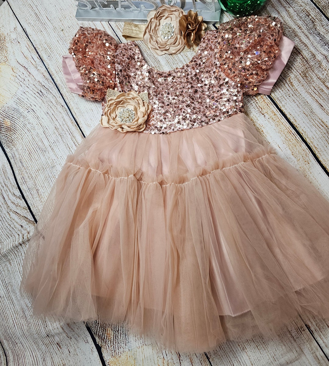 Champagne Sequin Holiday Dress, Toddler Girl Christmas Sequin Dress