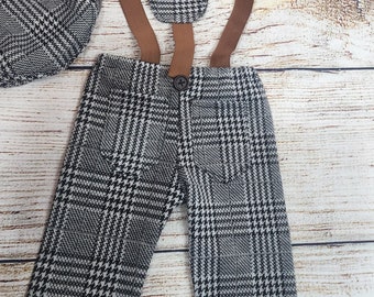 Newborn Boy Romper Set: Plaid Outfit with Suspenders