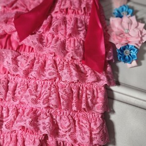 Lactic Baby Girl Pink Lace Blue Romper, Baby Girl Lace Outfit 1st Birthday with Headband.