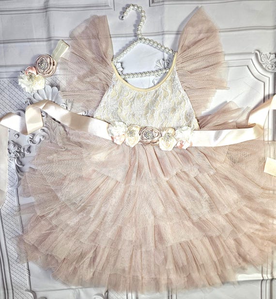 Gold Champagne Tutu Dress: Birthday Outfit, Holiday Gown with Sash & Headband