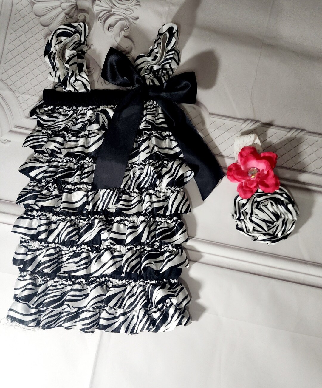 Satin Baby Girl Zebra Print Roper, Ruffle Romper Black and White, 1st