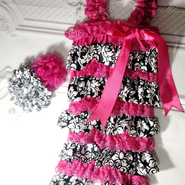 Satin Hot Pink ,Black and White Baby Girl Romper, 1st Birthday Outfit, White, Hot Pink and Black Romper with Headband.