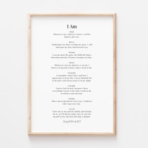Je suis - impression originale de poème (téléchargement A4 et A3) citations d'affirmation de soi citations d'affirmation quotidiennes mots de citations d'affirmation