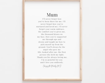Mum Poem Print, Gift for Mum, Mother's Day Gift, Minimalist Wall Art, Emotional Poetry Print, Gift for Mother, Thank You Mum
