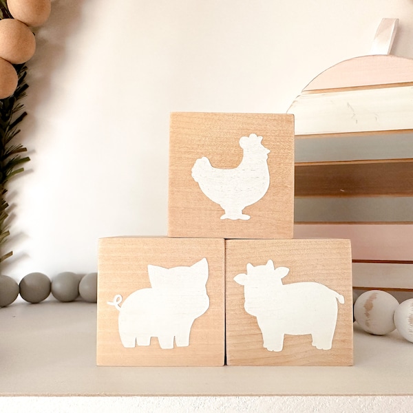 Farm Animal Wooden Nursery Blocks | Cow, Chicken, Pig Nursery Room Shelf Decoration | Girl and Boy | Handmade Montessori | Baby Shower