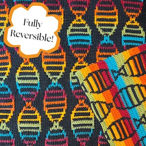 May include: A reversible knitted blanket featuring a repeating pattern of abstract shapes in vibrant colours including orange, yellow, green, blue, and red on a black backdrop. The text "Fully Reversible!" is in a white cloud-shaped bubble.