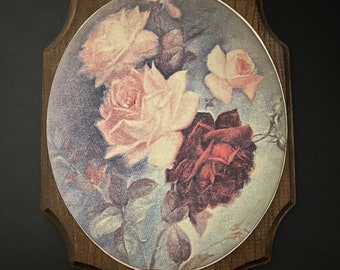 Large Heavy Vintage Pink and Red Rose Dome Wall Plaque - Frosted - 1970s