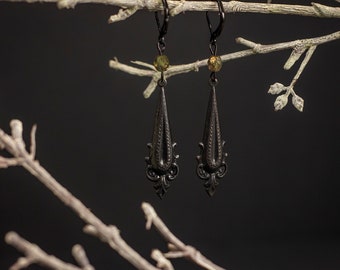 Long Black and Copper Polish Czech Aquamarine Earrings