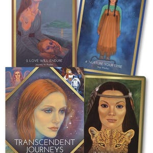 May include: A set of oracle cards with colorful illustrations and gold trim. The cards feature images of women, animals, and celestial bodies. The title of the deck is "Transcendent Journeys Oracle" by Cheryl Yambrach Rose.