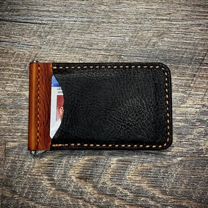 Cartera de cuero con clip para billetes hecha a mano - Doble pliegue de 6 bolsillos - Cartera EDC delgada con pespunte - Regalo para él