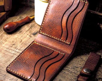 Handmade Full Grain Leather Wallet - Personalizable Men’s Bifold Wallet with 6 Card Slots