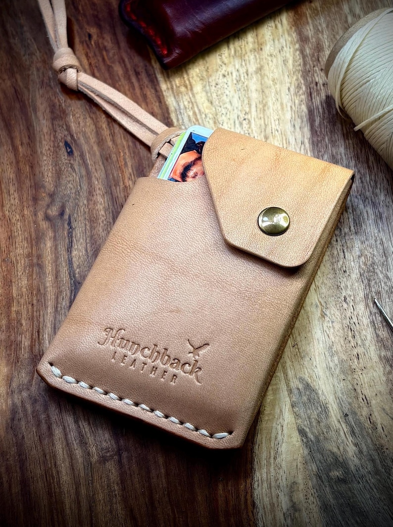 Small Handmade Leather Wallet with Snap Closure- Gift Natural Harmann Oak