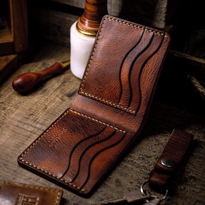Cartera plegable de cuero de grano completo hecha a mano - Cartera para hombre con 6 ranuras para tarjetas - Billetera de cuero premium - Regalo para el Día del Padre