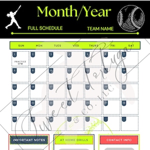 Könnte beinhalten: Eine druckbare Softball-Team-Planvorlage mit einer Schwarzweißillustration einer Softballspielerin und einem Baseball. Die Vorlage enthält ein Kalenderrraster mit den Wochentagen, Platz für Notizen, Übungen zu Hause und Kontaktinformationen.